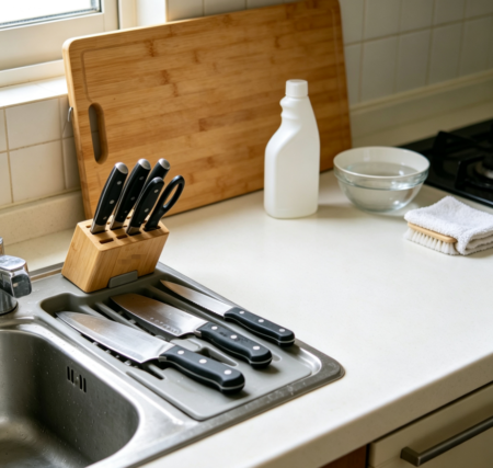 Sanitization and cleaning of cutting boards and knives