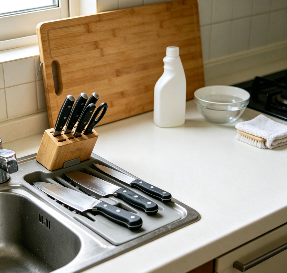 Sanitization and cleaning of cutting boards and knives