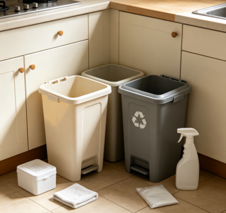 Deodorizing and cleaning trash cans and recycling areas