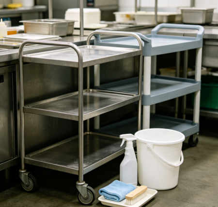 Cleaning of serving carts and utility trolleys