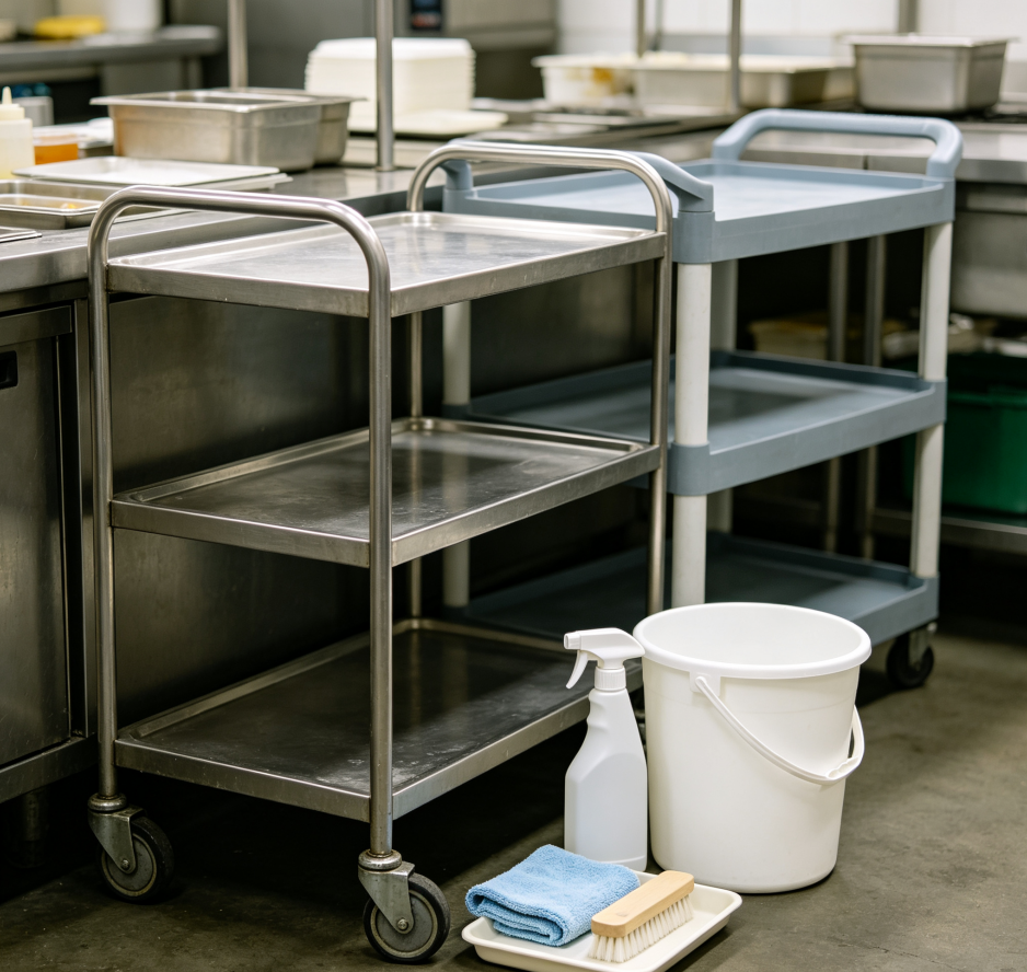 Cleaning of serving carts and utility trolleys