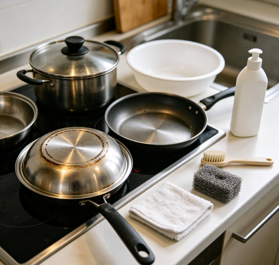 Removal of burnt-on grime from the bottoms of cookware